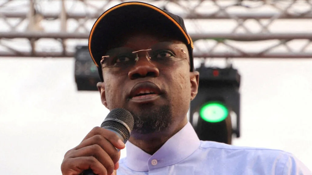 Senegal Prime Minister Ousmane Sonko speaking at a press conference