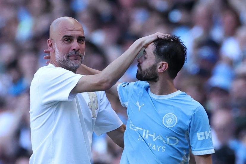Pep Guardiola showing visible emotion during Bernardo Silva's substitution