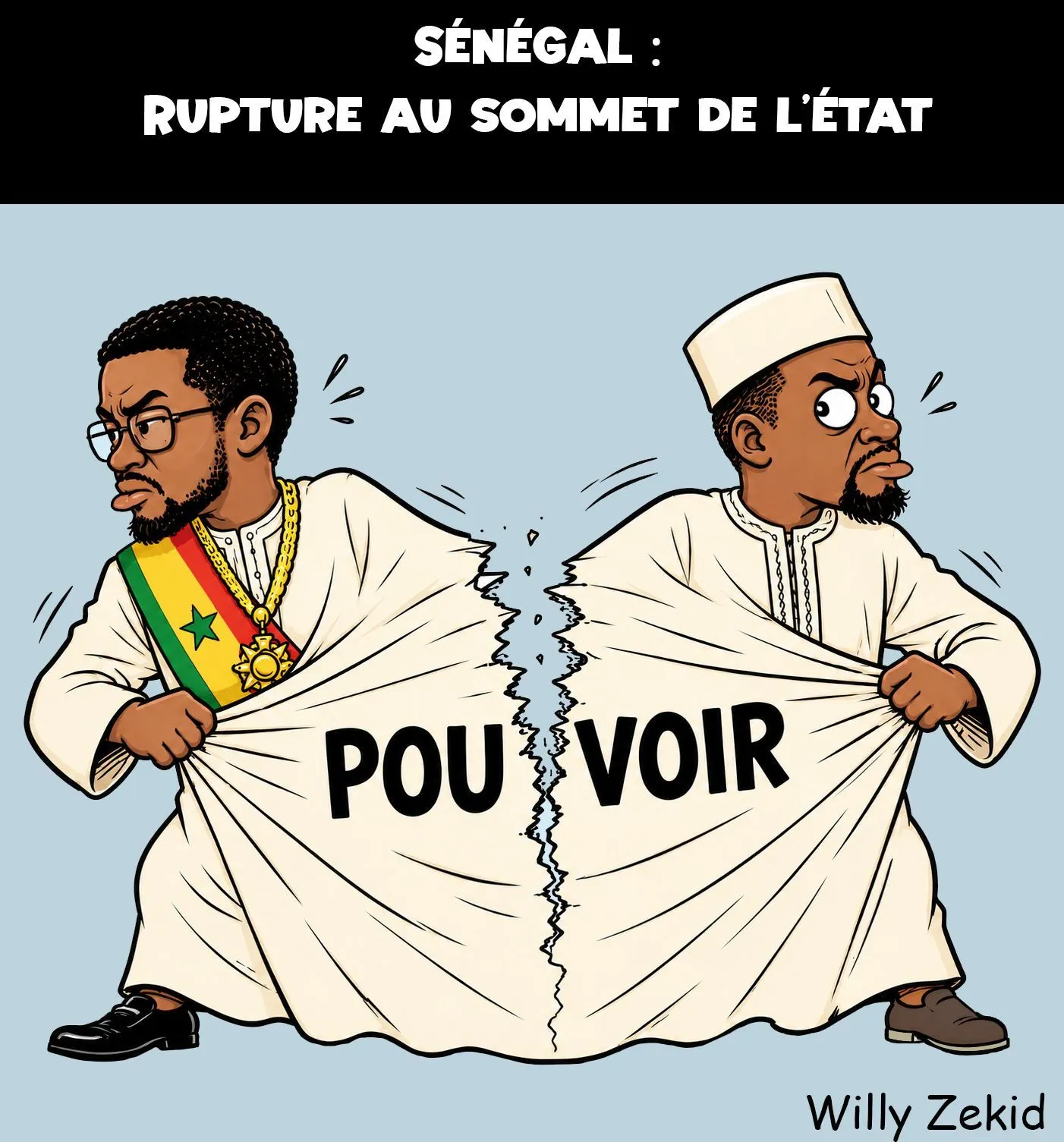 A political cartoon depicting Ousmane Sonko and Bassirou Diomaye Faye tearing apart a robe labeled 'pouvoir' (power) as they walk away from each other.