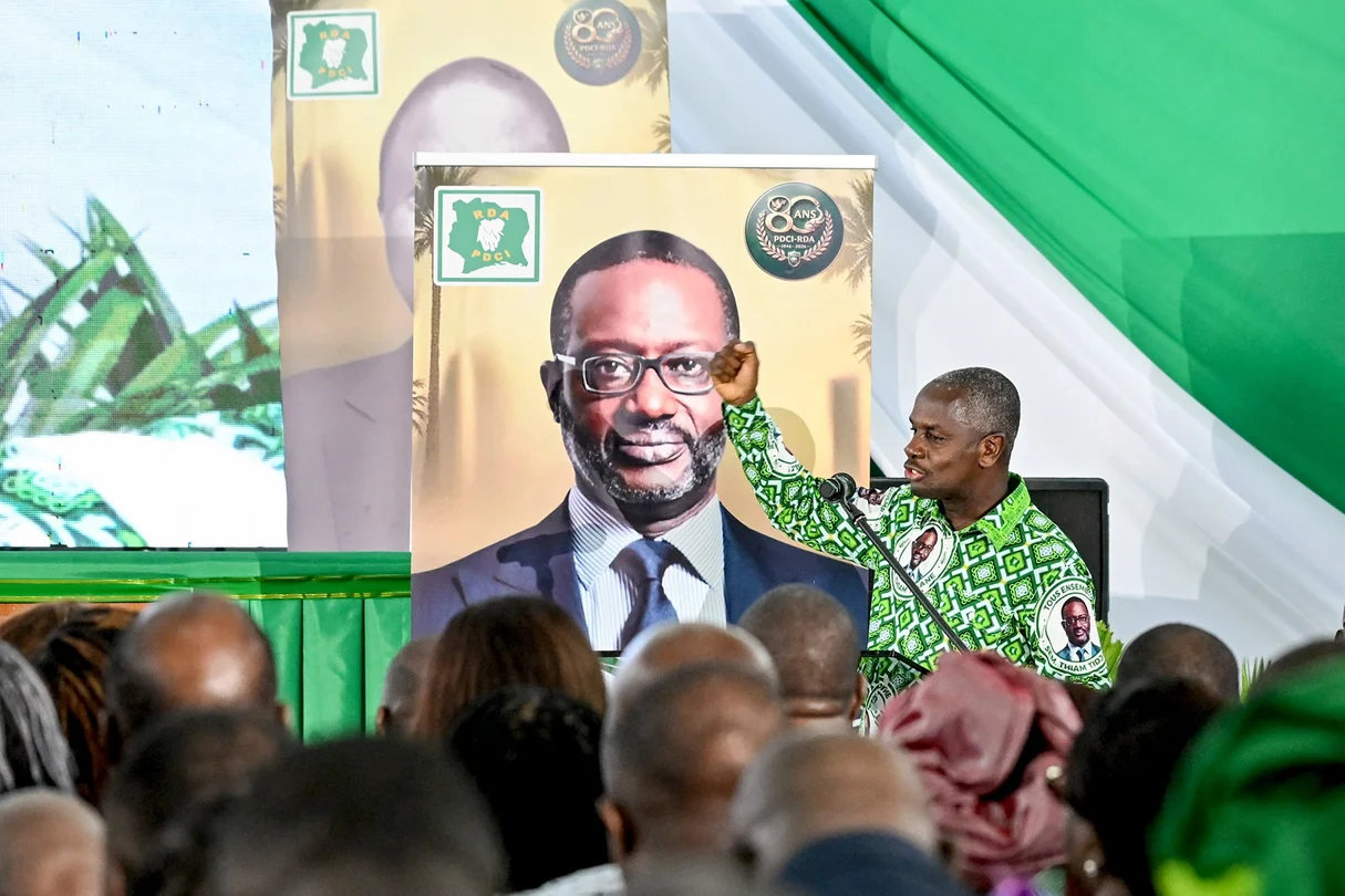 Calice Yapo Yapo, PDCI’s executive secretary, during the party’s 80th anniversary celebrations in Abidjan on April 9, 2026. © Issouf SANOGO/AFP