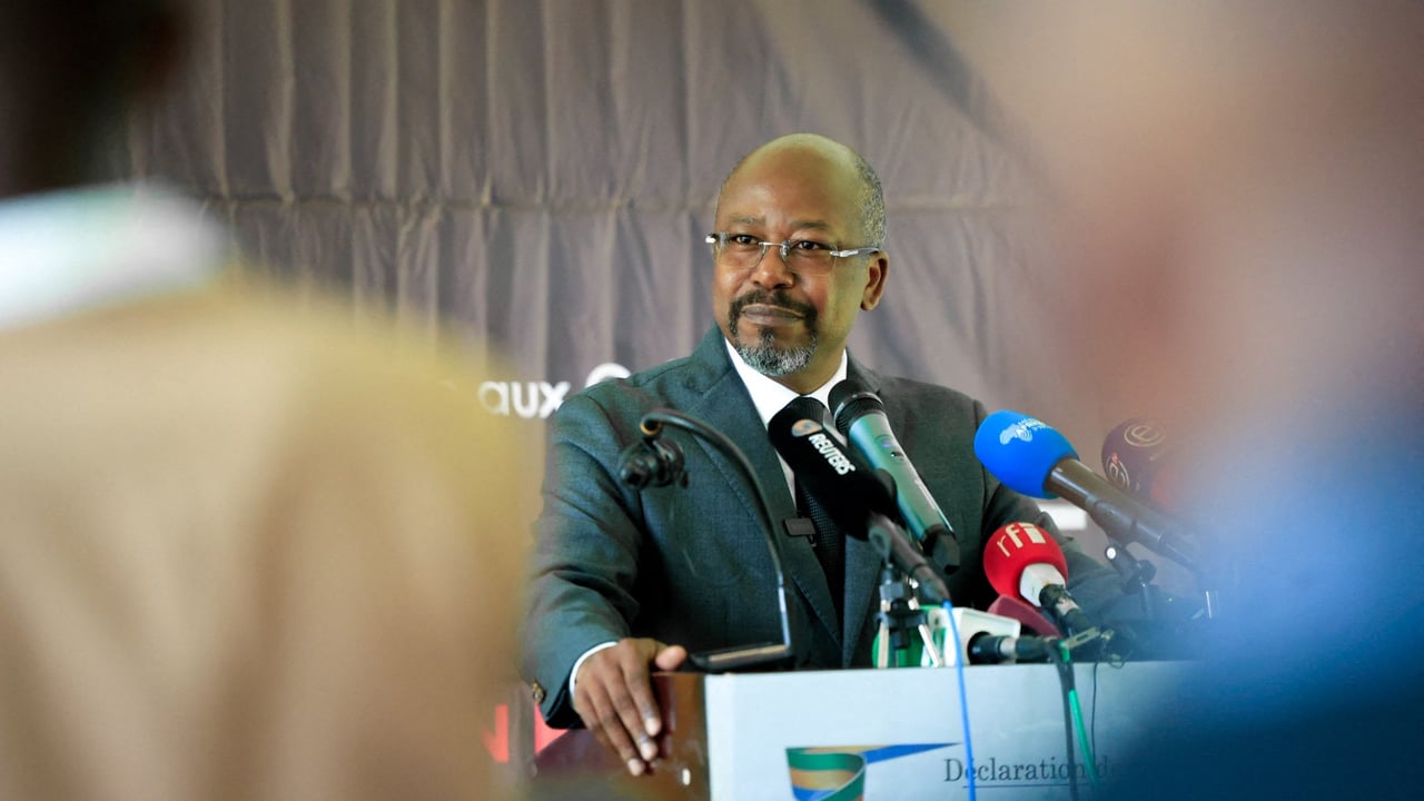 Gabonese opposition leader bilie by nze speaks after presidential election