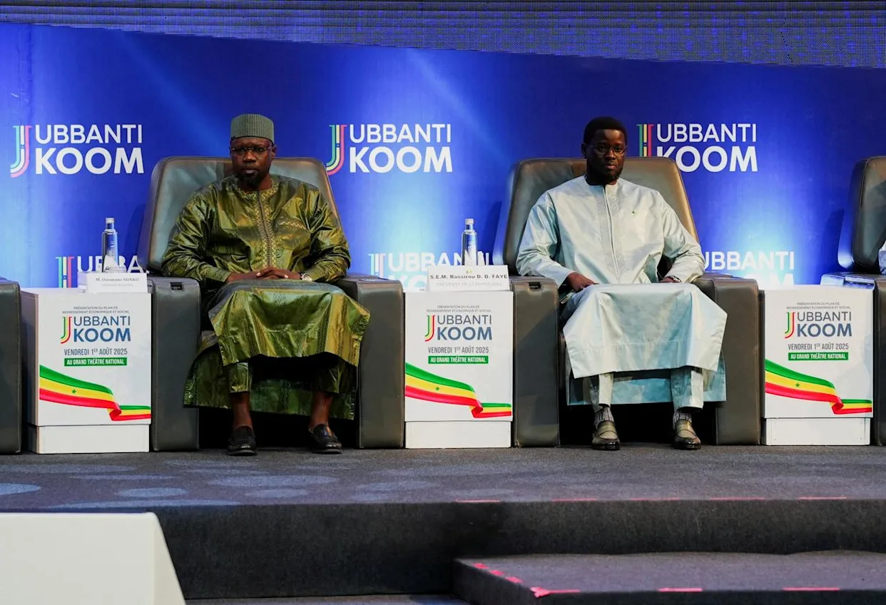 Senegal's President Bassirou Diomaye Faye and former Prime Minister Ousmane Sonko in a political meeting