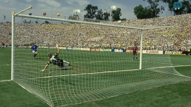 Roberto Baggio misses a penalty for Italy in the 1994 World Cup final against Brazil