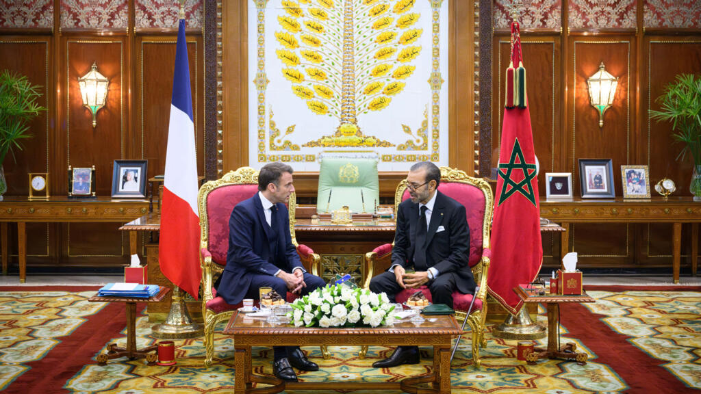 French President Emmanuel Macron greeted by Morocco's King Mohammed VI in Rabat, Morocco, on October 28, 2024.