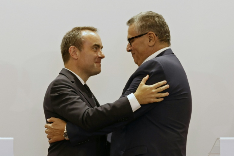 French Prime Minister Sébastien Lecornu (left) and Moroccan counterpart Aziz Akhannouch embrace after a press conference
