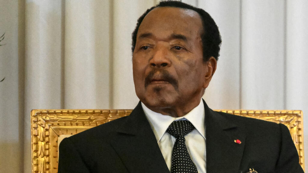 President Paul Biya of Cameroon observes Pope Leo XIV (off-screen) delivering a speech at the presidential palace in Yaoundé, during the third day of an 11-day apostolic journey in Africa, April 15, 2026.