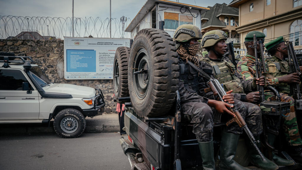 AFC/M23 soldiers patrol near the Rodolphe Mérieux laboratory of the National Institute of Biomedical Research (INRB) in Goma, May 19, 2026.