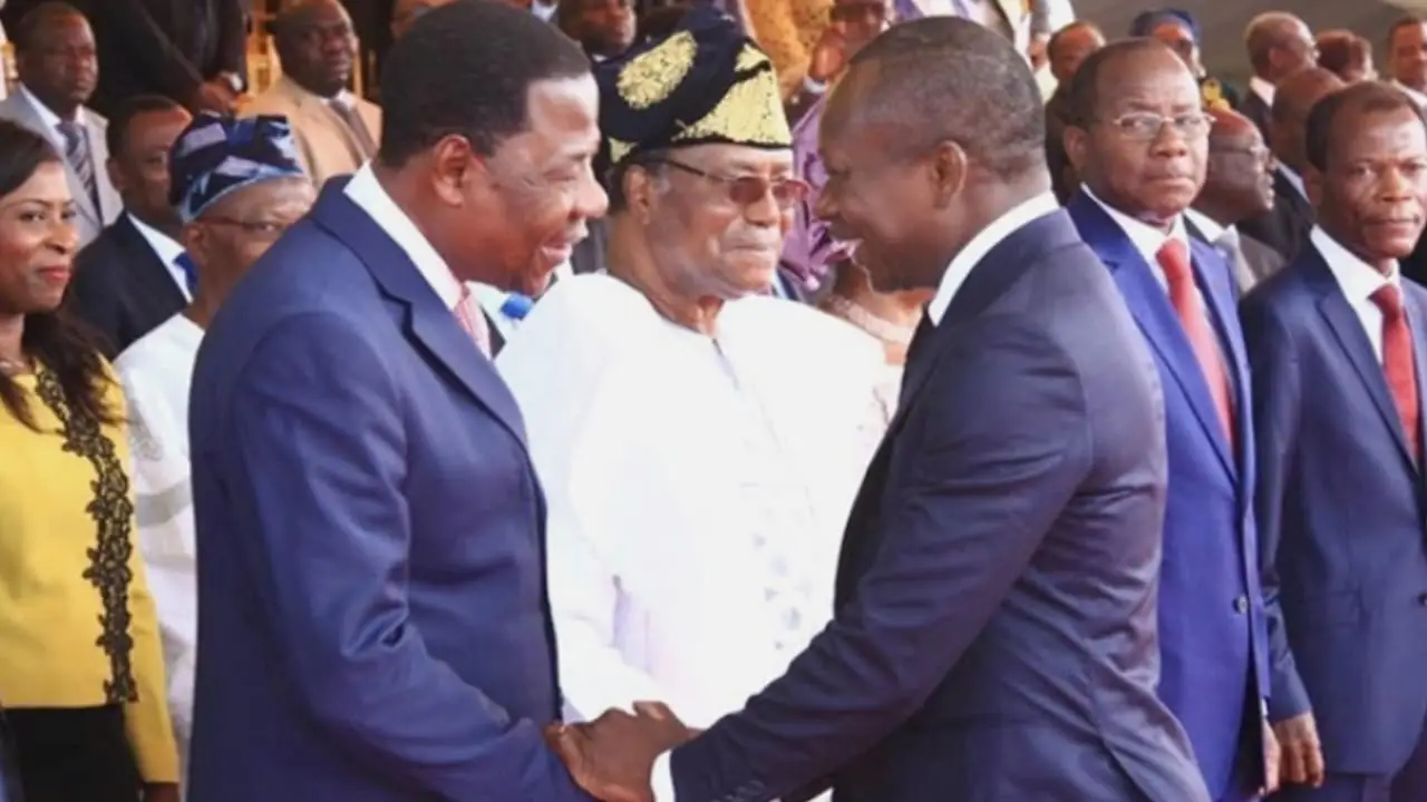 Presidents Nicéphore Soglo (background in white), Boni Yayi (left) and Patrice Talon (right)