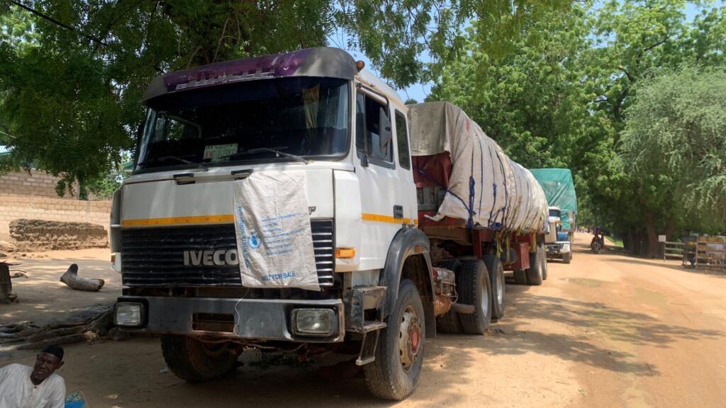 A convoy of trucks from Nigeria queues at the Kourgui border crossing in Cameroon